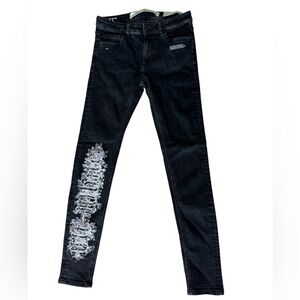 Off-White Black Gothic Skinny Jeans with White Embroidery Women Size US25